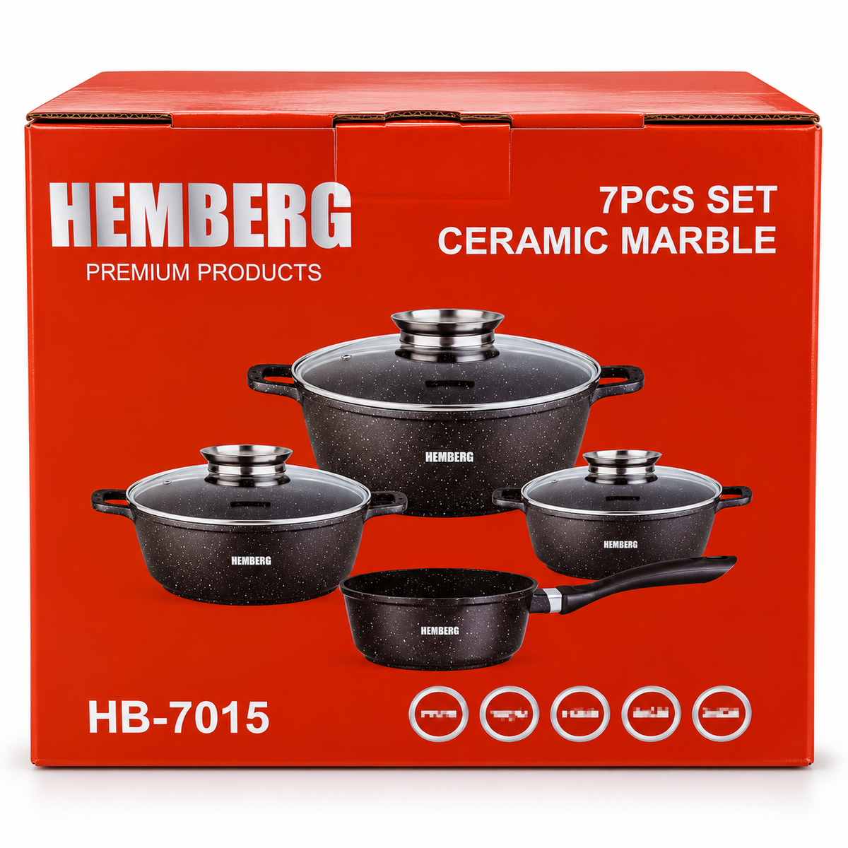 Zestaw garnków i rondla HEMBERG HB-7015 z powłoką ceramiczno-marmurkową, 7 elementów – czarny