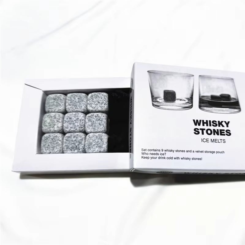 Kamienie do Whisky - 9 Kostek Chłodzących z Woreczkiem Welurowym