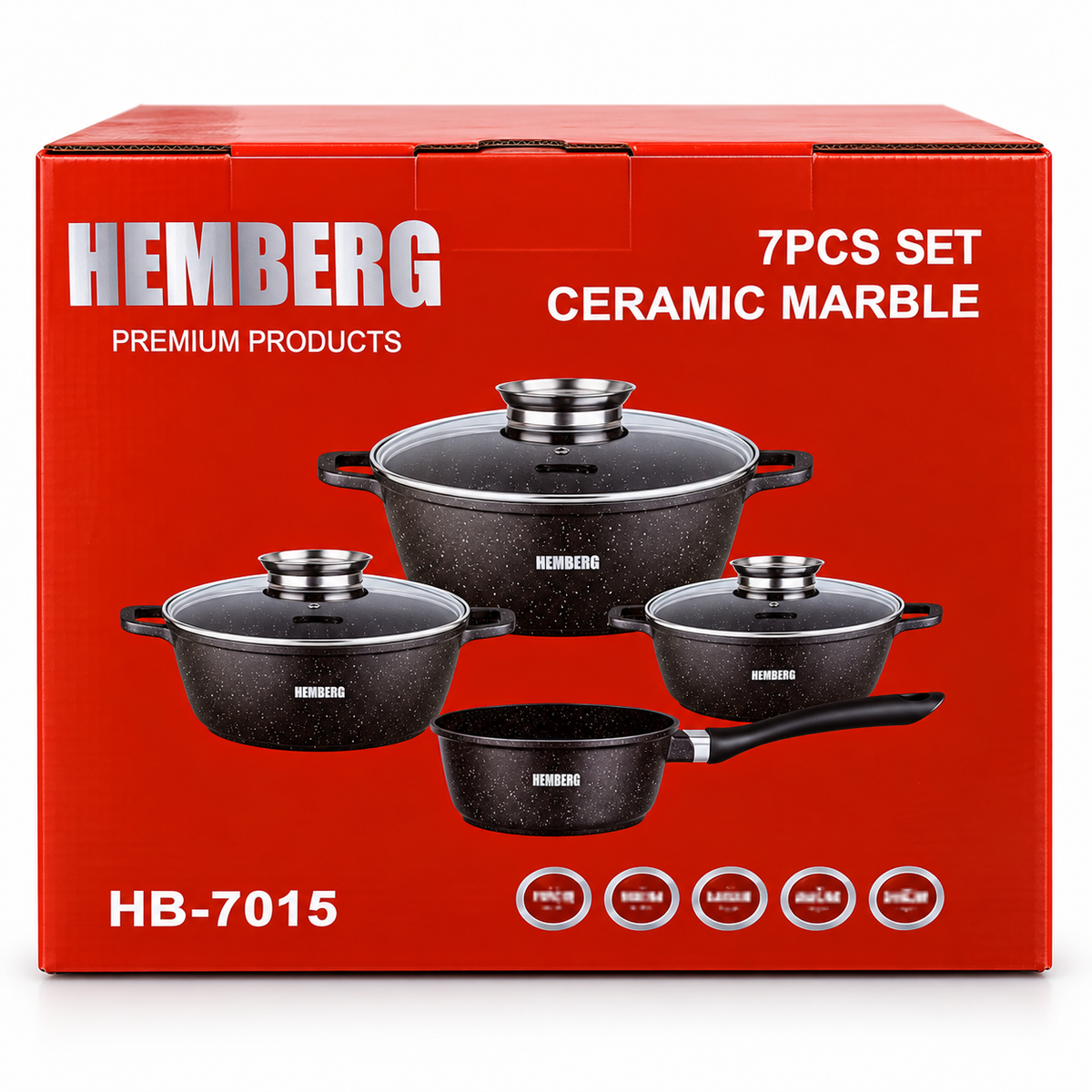 Zestaw garnków i rondla HEMBERG HB-7015 z powłoką ceramiczno-marmurkową, 7 elementów – czarny