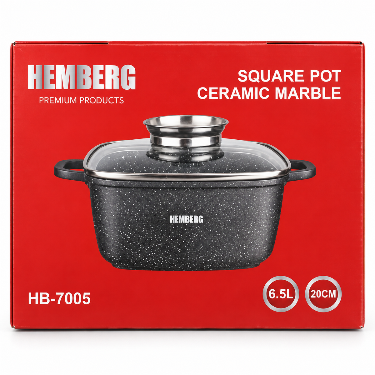 Garnek kwadratowy HEMBERG HB-7005 z powłoką marmurkową i szklaną pokrywką, 28 cm, 6,5 l – czarny