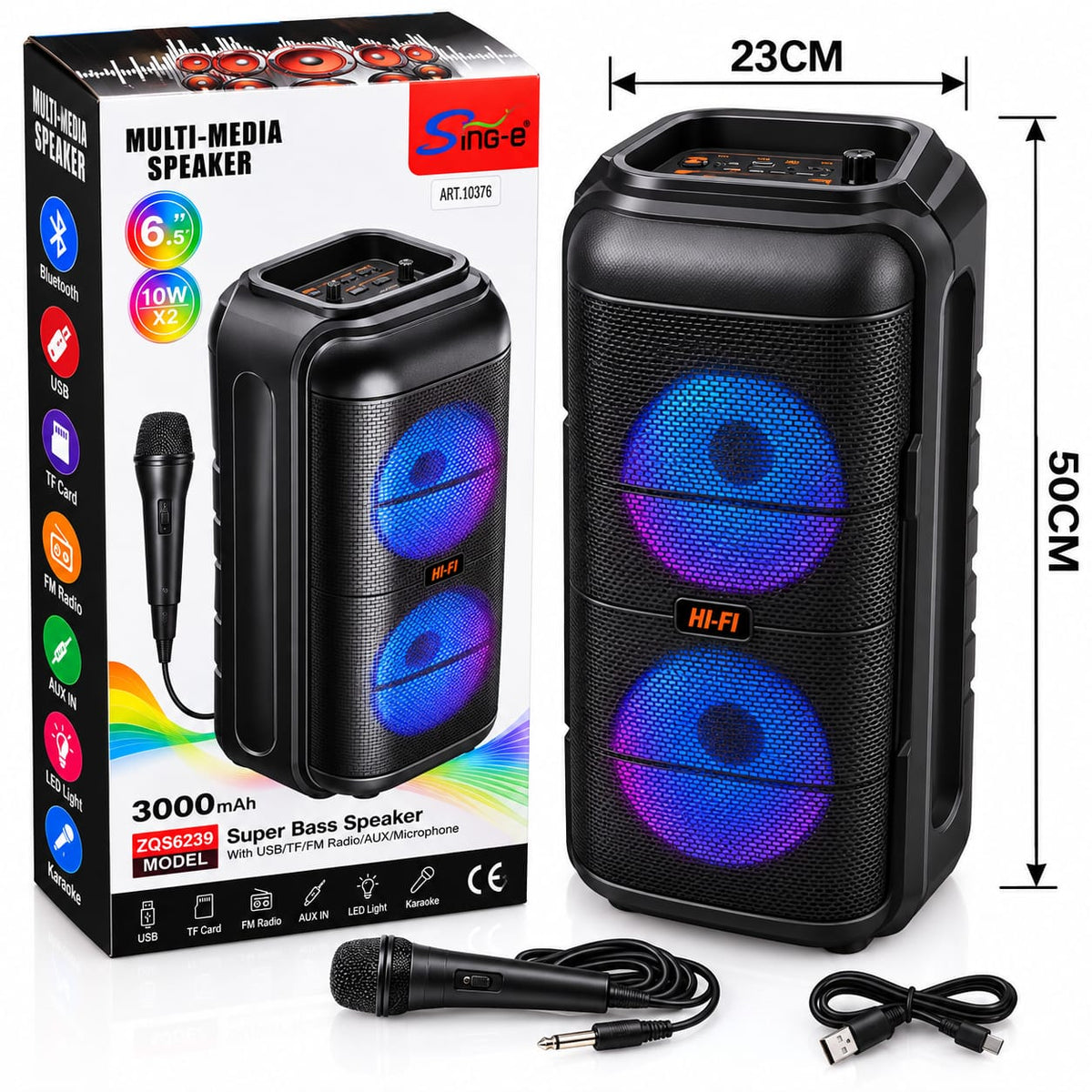Głośnik Bluetooth Sing-e SKU 10376 – zdjęcie produktu z opakowaniem i wymiarami