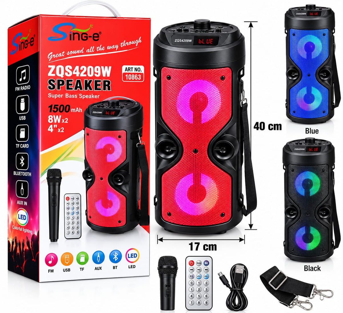 Głośnik Bluetooth Sing-e SKU 10863 – zdjęcie produktu z opakowaniem i wymiarami