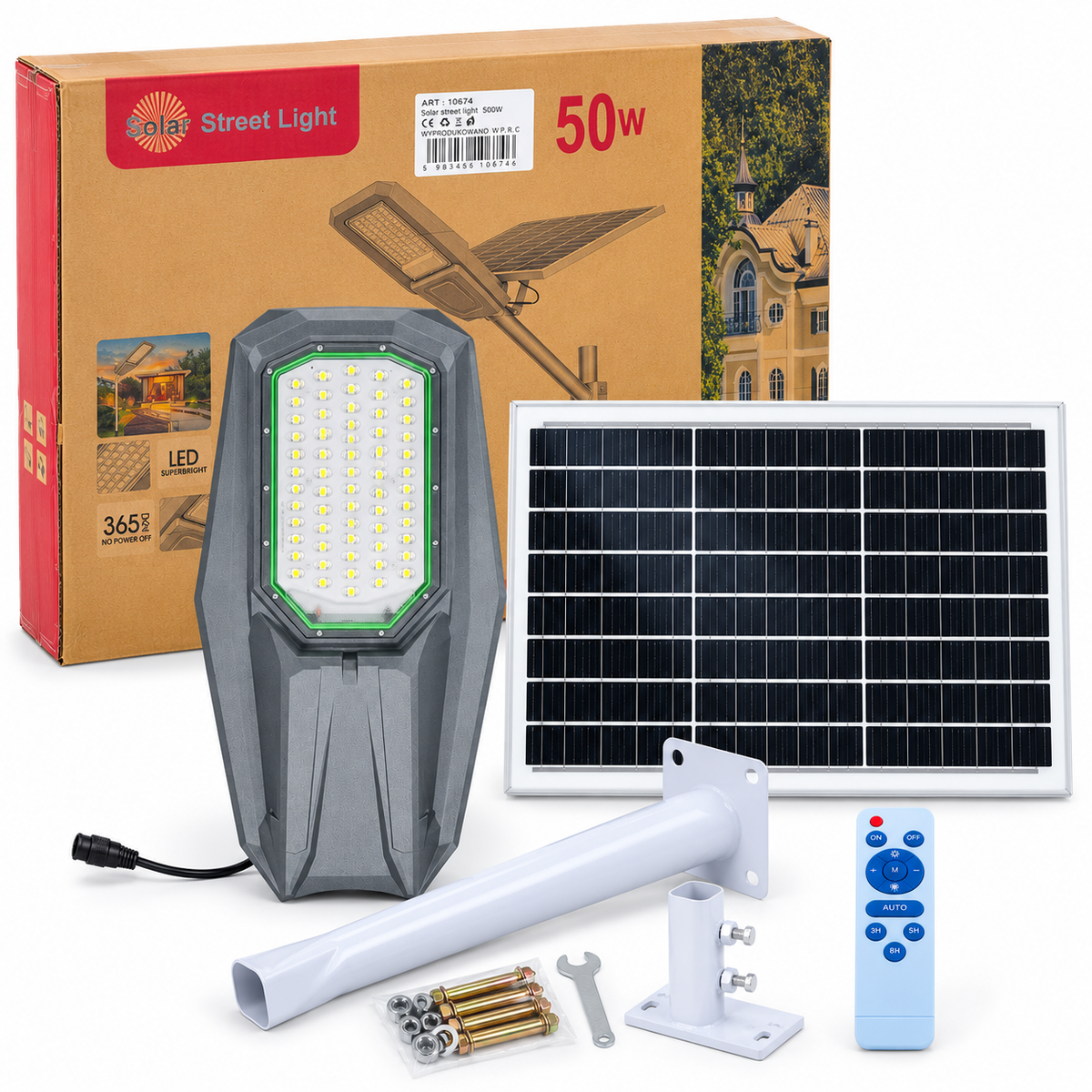 Solarna lampa uliczna LED, SKU 10674, zestaw z panelem słonecznym – zdjęcie poglądowe