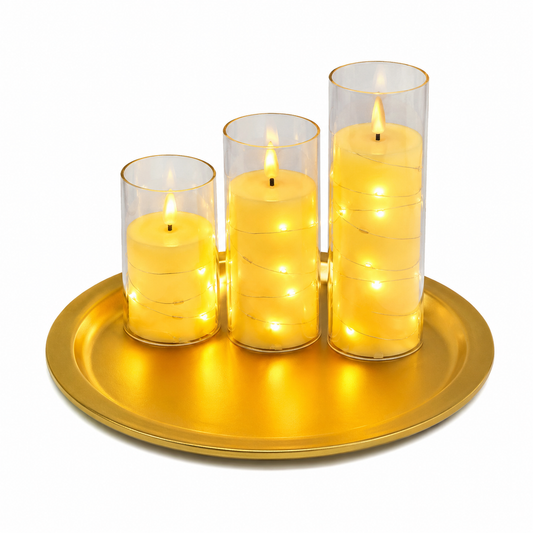 Elegancka Bezpłomieniowa Świeca LED ze Światełkami w Szklanym Cylindrze