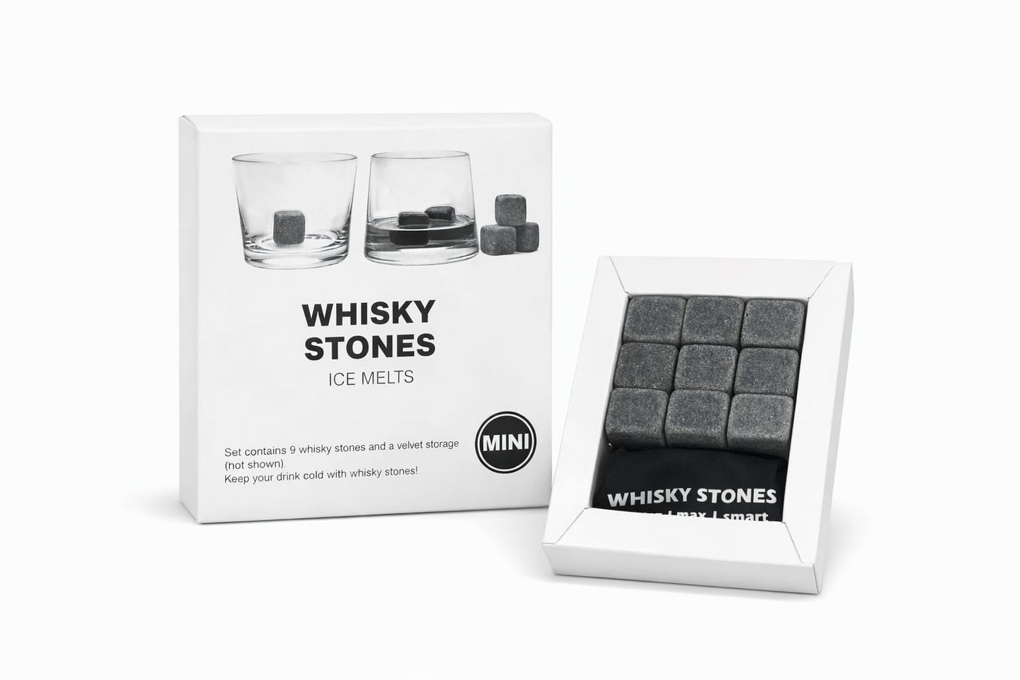 Kamienie do Whisky - 9 Kostek Chłodzących z Woreczkiem Welurowym