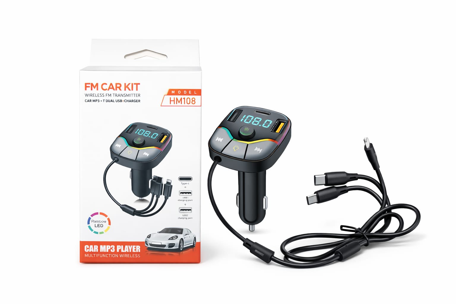 Transmitter Fm Mod. Car Hm-108 Bt + Type-C/V8/IP Cable