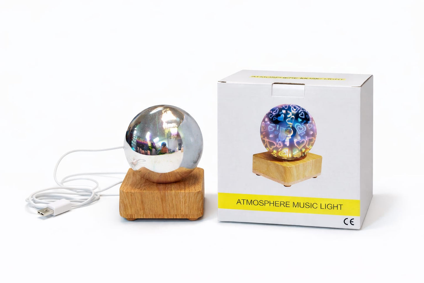 Lampka Nocna 3D Kula Fajerwerki - Drewniana Podstawa USB