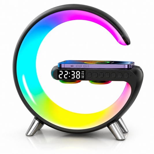 Lampa RGB G-Shape z Ładowarką Bezprzewodową, Budzikiem i Głośnikiem