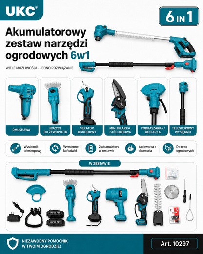 UKC Zestaw Bezprzewodowych Narzędzi Ogrodowych 6w1 z Teleskopową Tyczką