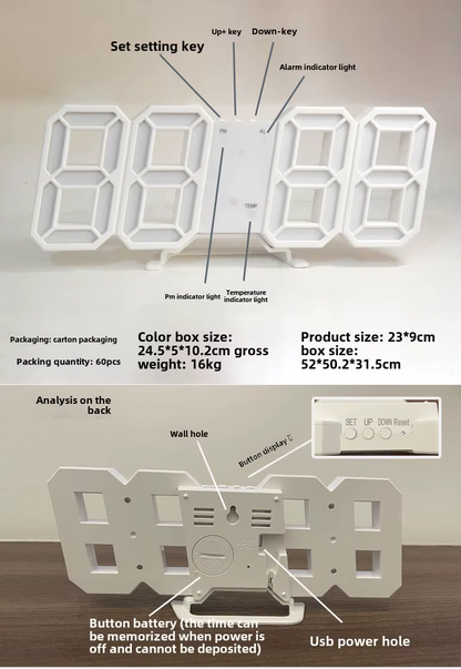 Nowoczesny Cyfrowy Budzik LED 3D z Termometrem | Biały Zegar