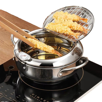 Garnek do głębokiego smażenia z termometrem i rusztem - Idealny do tempury