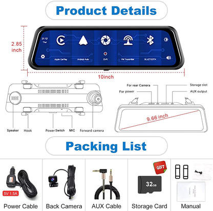 Lusterko 4K z Kamerą, CarPlay, Rejestrator Jazdy i Cofania