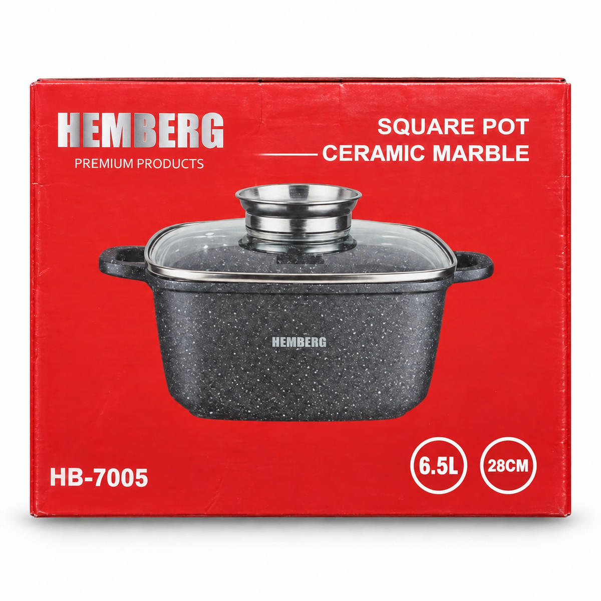 Garnek kwadratowy HEMBERG HB-7005 z powłoką marmurkową i szklaną pokrywką, 28 cm, 6,5 l – czarny