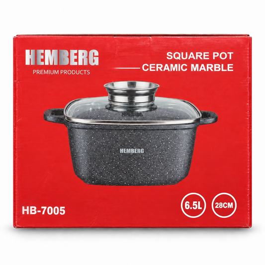 Garnek kwadratowy HEMBERG HB-7005 z powłoką marmurkową i szklaną pokrywką, 28 cm, 6,5 l – czarny