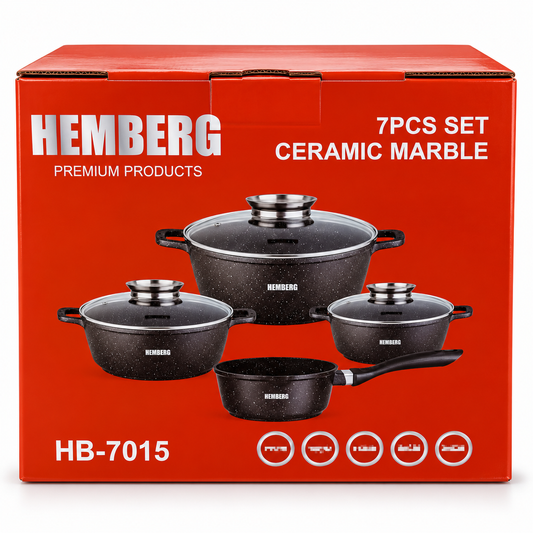 Zestaw garnków i rondla HEMBERG HB-7015 z powłoką ceramiczno-marmurkową, 7 elementów – czarny