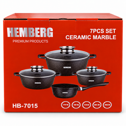 Zestaw garnków i rondla HEMBERG HB-7015 z powłoką ceramiczno-marmurkową, 7 elementów – czarny