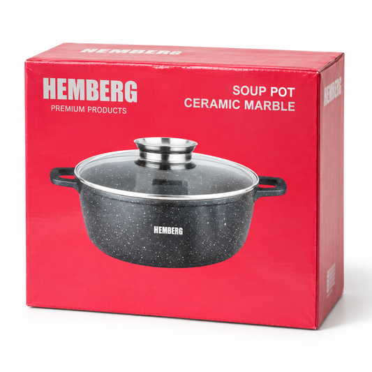 Garnek HEMBERG z powłoką ceramiczno-marmurkową i szklaną pokrywką – czarny