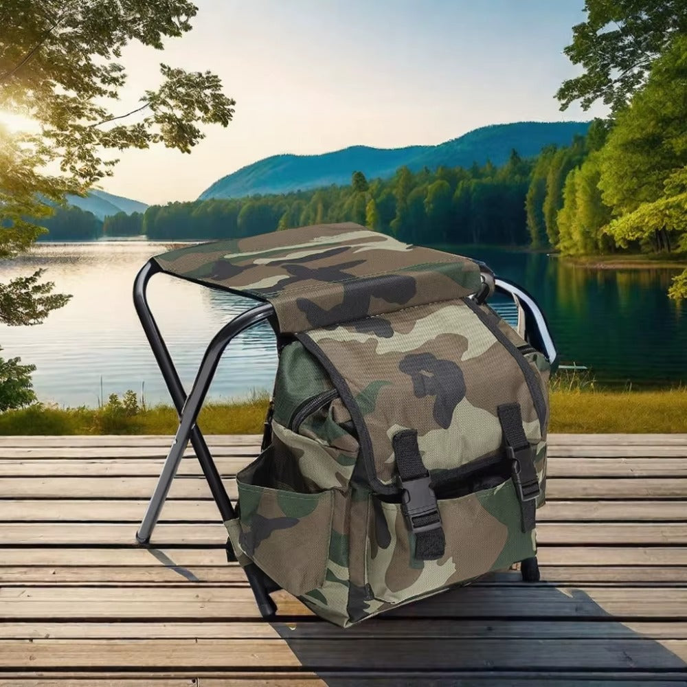 Składany Plecak-Stołek Kamuflaż 2w1 | Idealny na Biwak i Ryby