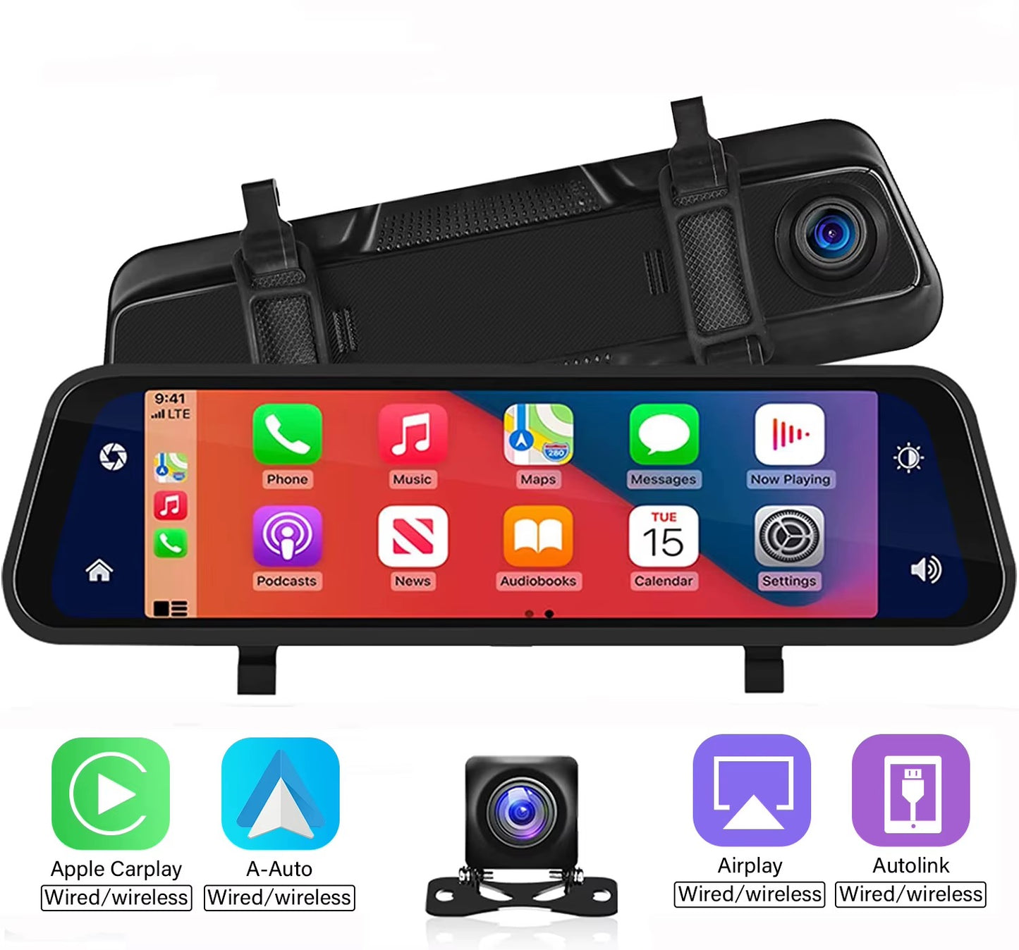 Lusterko 4K z Kamerą, CarPlay, Rejestrator Jazdy i Cofania