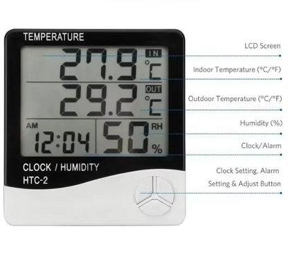 Termometr Higrometr HTC-2 z Zegarem - Pomiar Temperatury i Wilgotności