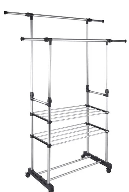 Regulowany Wieszak na Ubrania z Kółkami i Półką - Podwójny Drążek