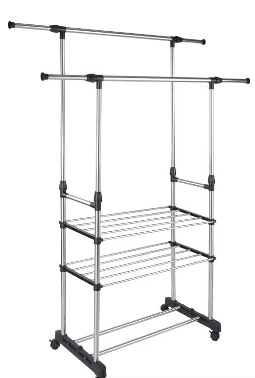 Regulowany Wieszak na Ubrania z Kółkami i Półką - Podwójny Drążek