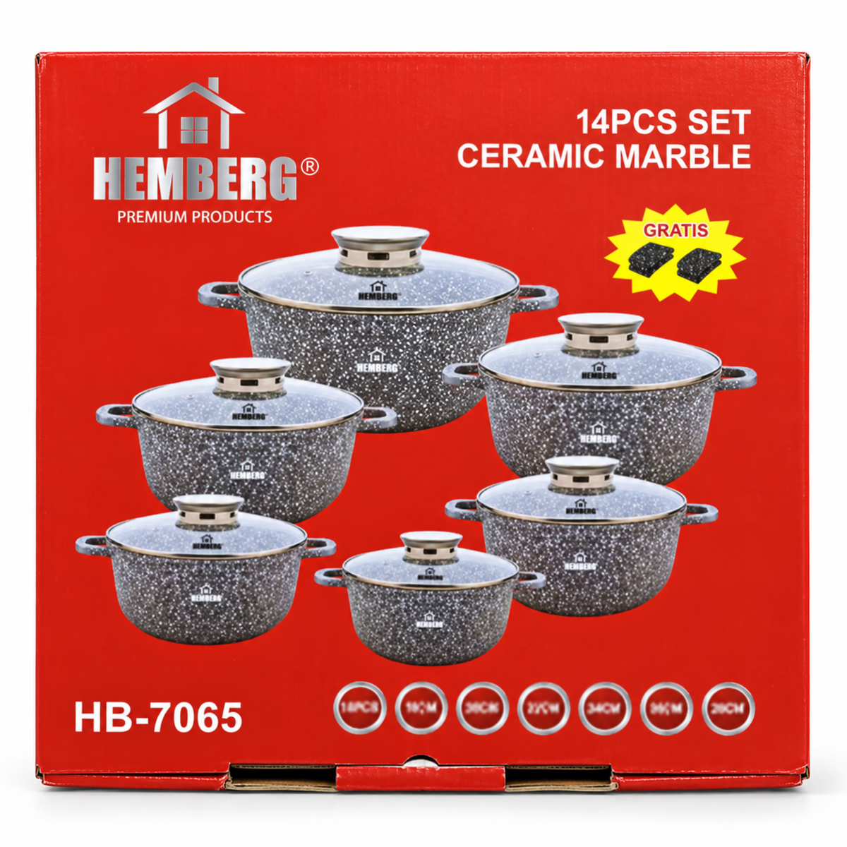 Zestaw garnków HEMBERG HB-7065 z powłoką ceramiczno-marmurkową i szklanymi pokrywkami, 14 elementów – szary