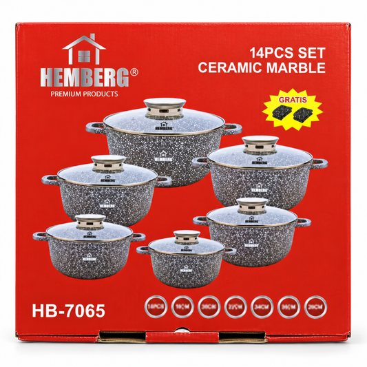 Zestaw garnków HEMBERG HB-7065 z powłoką ceramiczno-marmurkową i szklanymi pokrywkami, 14 elementów – szary