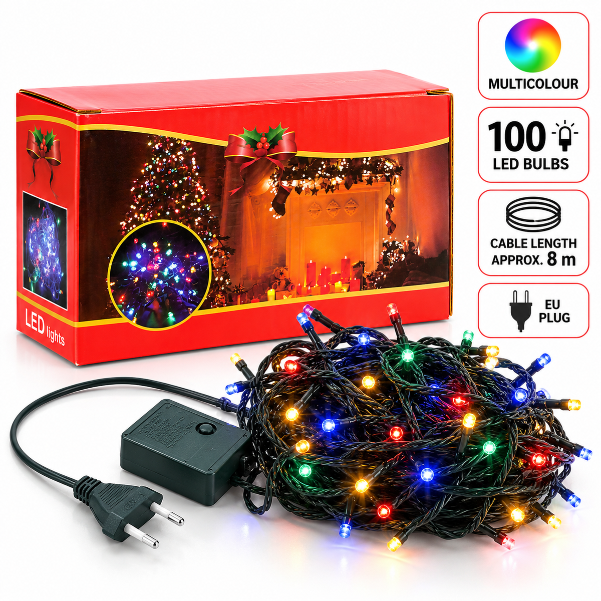 Lampki choinkowe LED 100 szt. multikolor, ok. 8 m, wtyczka EU