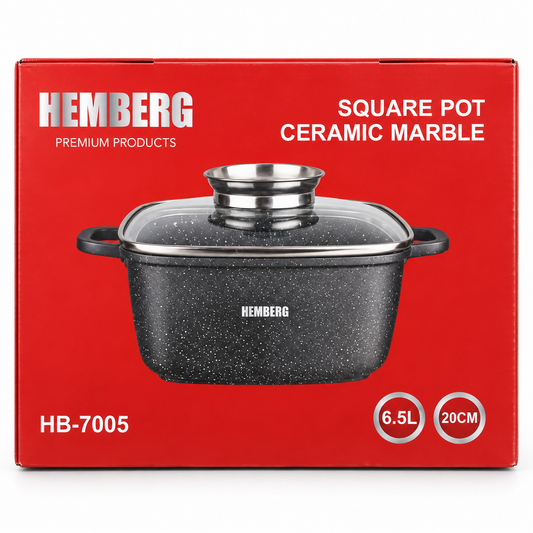 Garnek kwadratowy HEMBERG HB-7005 z powłoką marmurkową i szklaną pokrywką, 28 cm, 6,5 l – czarny