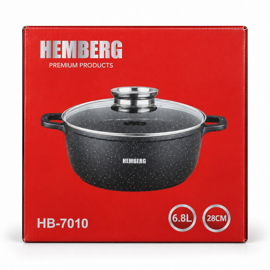 Garnek marmurkowy HEMBERG z pokrywką szklaną, 28 cm, 6,8 l – czarny