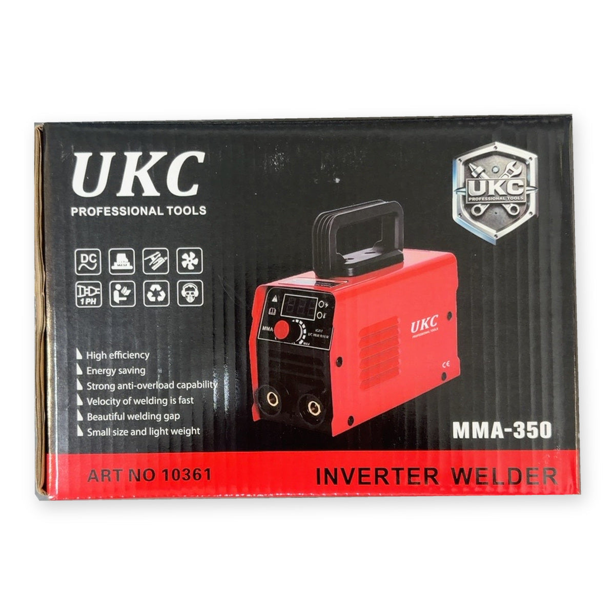 Spawarka inwertorowa UKC MMA-350, SKU 10361 — oryginalne opakowanie na białym tle