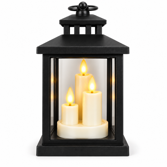 Czarna latarnia LED z trzema świecami 10 × 25 cm – art. 10764