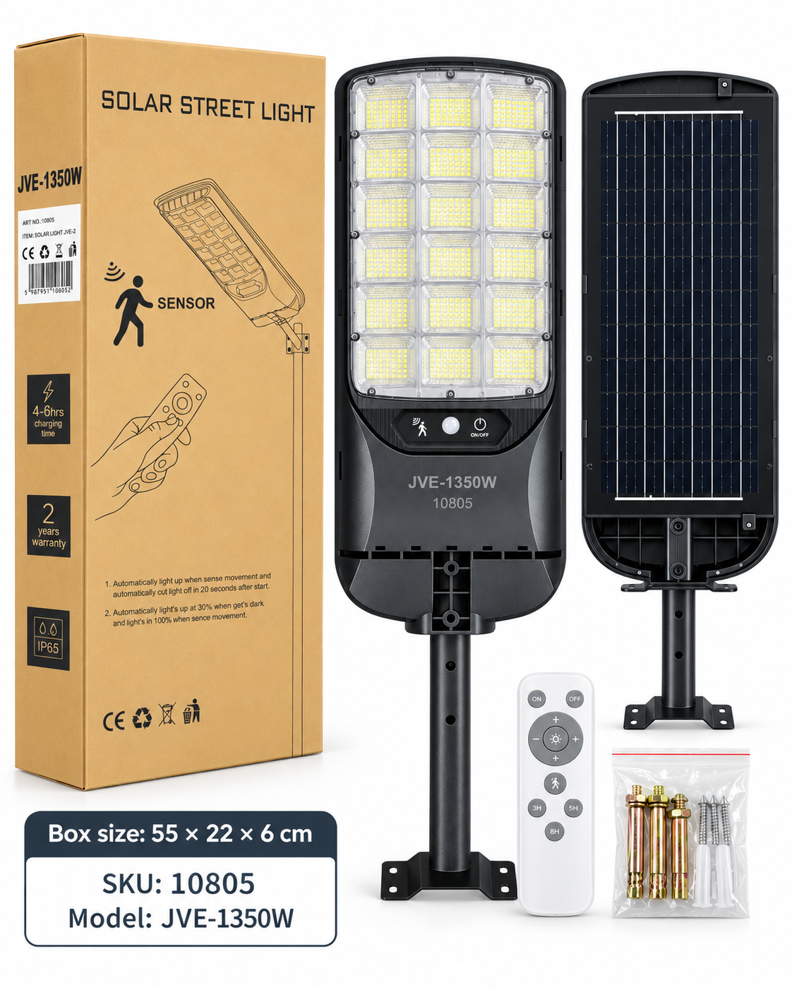 Lampa solarna JVE-2 1350 W, SKU 10805, zestaw i pudełko 55 × 22 × 6 cm