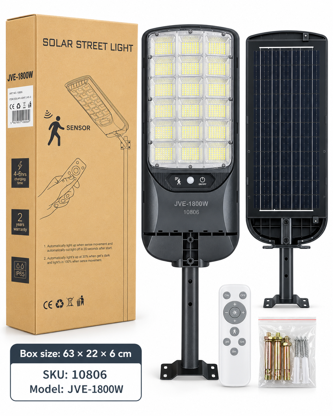 Lampa solarna JVE-3 1800 W, SKU 10806, zestaw i pudełko 63 × 22 × 6 cm