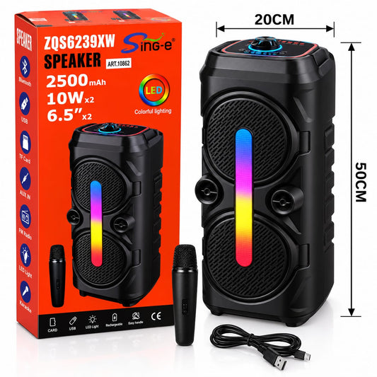 Głośnik Bluetooth Sing-e SKU 10862 – zdjęcie produktu z opakowaniem i wymiarami