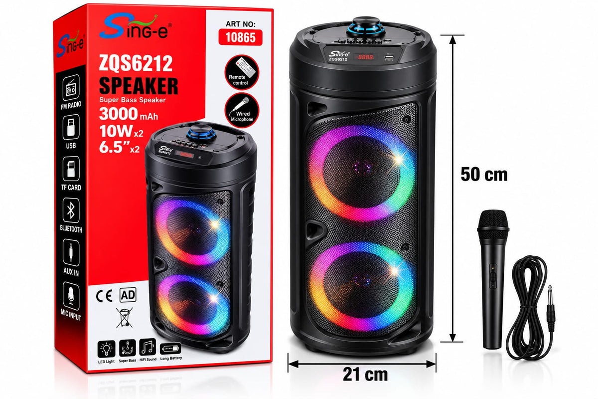 Głośnik Bluetooth Sing-e SKU 10865 – zdjęcie produktu z opakowaniem i wymiarami