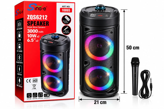Głośnik Bluetooth Sing-e SKU 10865 – zdjęcie produktu z opakowaniem i wymiarami
