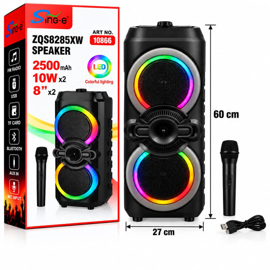 Głośnik Bluetooth Sing-e SKU 10866 – zdjęcie produktu z opakowaniem i wymiarami