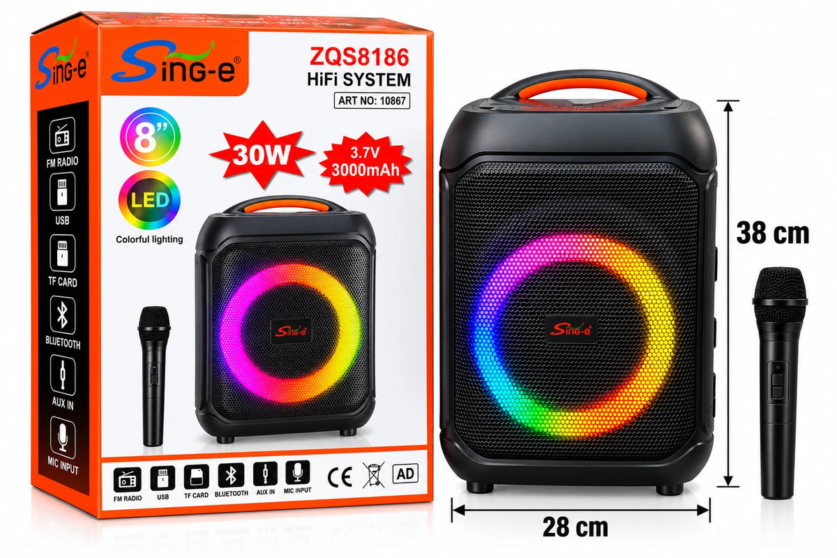 Głośnik Bluetooth Sing-e SKU 10867 – zdjęcie produktu z opakowaniem i wymiarami