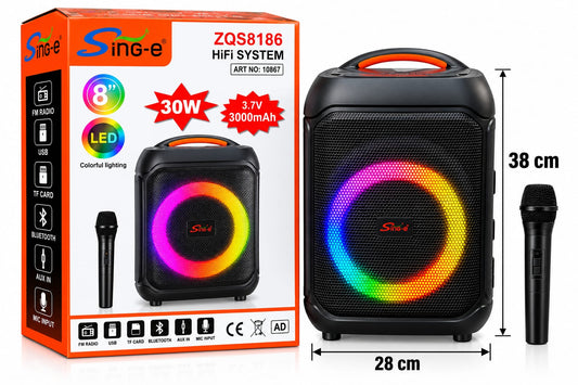 Głośnik Bluetooth Sing-e SKU 10867 – zdjęcie produktu z opakowaniem i wymiarami
