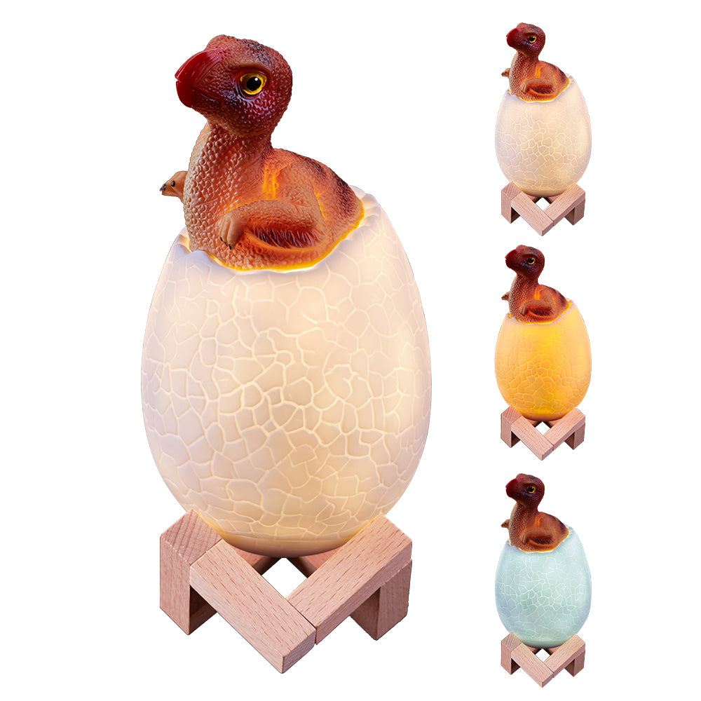 Lampka Dinozaur LED 3D w Jaju – Zmiana Kolorów, Dekoracyjna, z Drewnianą Podstawką