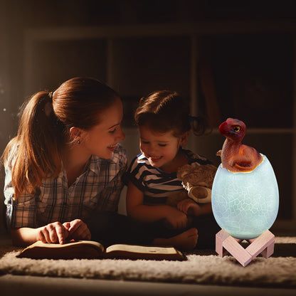 Lampka Dinozaur LED 3D w Jaju – Zmiana Kolorów, Dekoracyjna, z Drewnianą Podstawką
