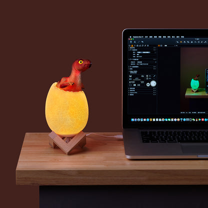 Lampka Dinozaur LED 3D w Jaju – Zmiana Kolorów, Dekoracyjna, z Drewnianą Podstawką