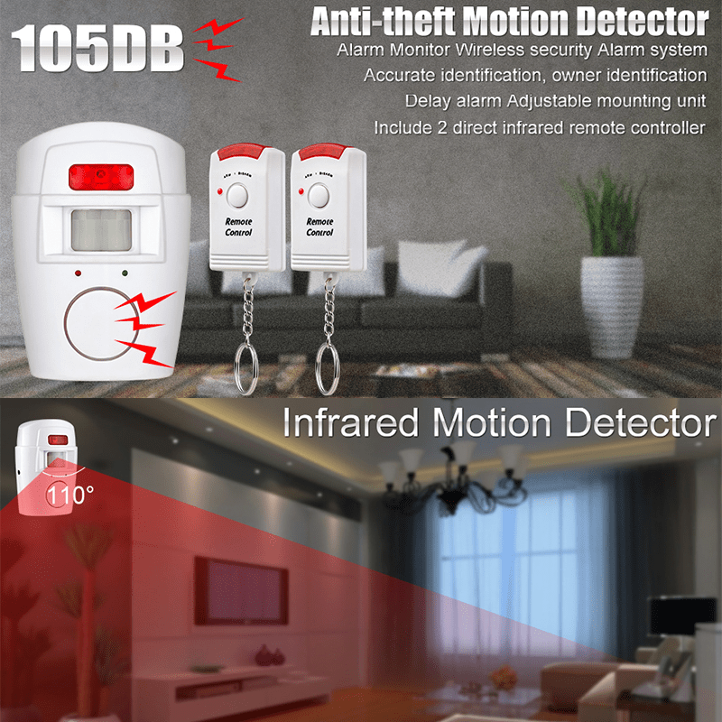 Bezprzewodowy Mini Alarm PIR 105dB z 2 Pilotami