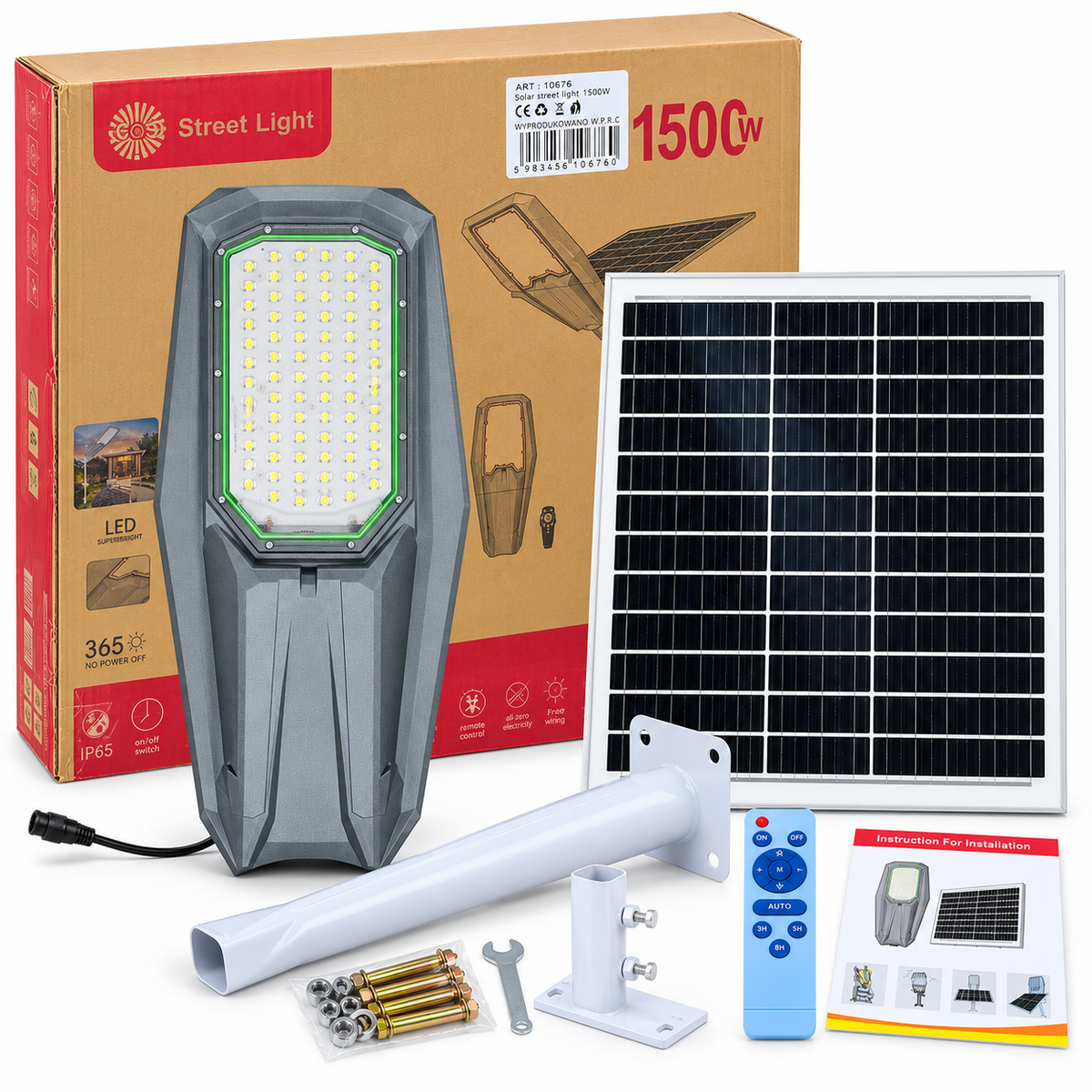 Solarna lampa uliczna LED, SKU 10676, zestaw z panelem słonecznym – zdjęcie poglądowe
